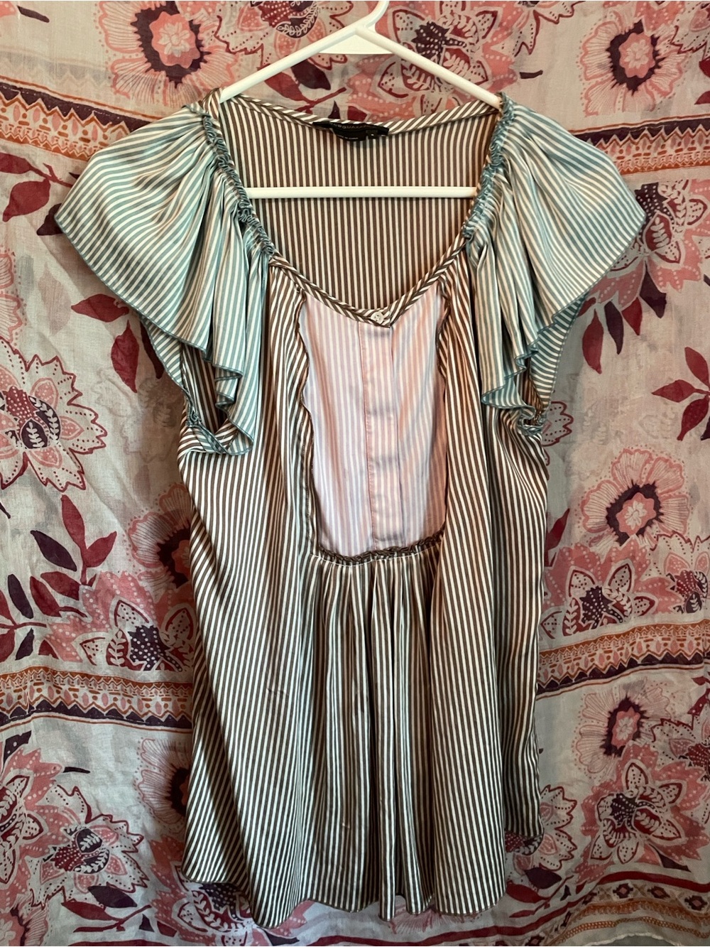 BCBGMaxAzria Striped Shirt in Brown and White with Pink Accents